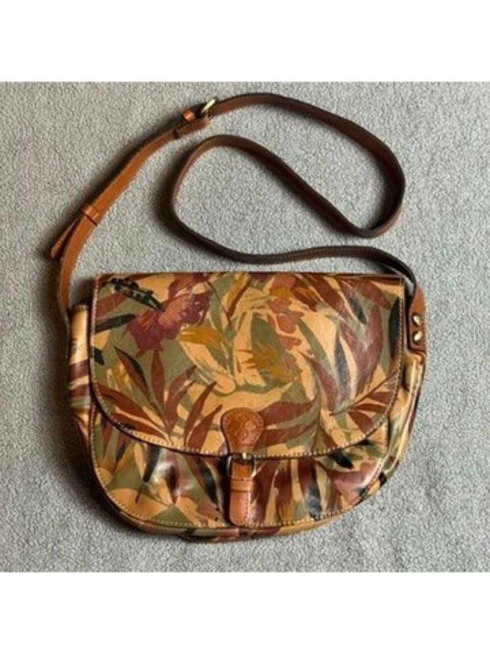Patricia Nash Rosolini Tropical Leaf Leather Saddle Crossbody Bag